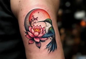 A hummingbird drinking from a lotus flower with one wing made of light (sun disc) and the other made of shadow (crescent moon) (red and black only) tattoo idea