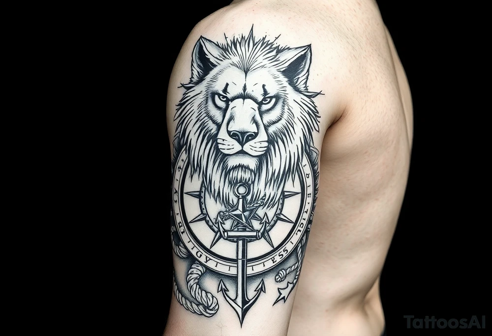 wolf, bear, lion, surrounded by a broken old school compass with a rope and anchor on the bottom tattoo idea