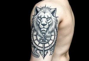 wolf, bear, lion, surrounded by a broken old school compass with a rope and anchor on the bottom tattoo idea