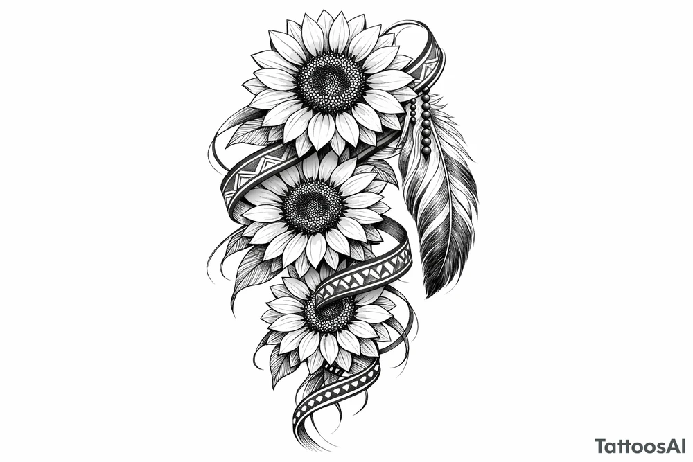 3 cascading Sunflowers with an Indian feather all wrapped in Indian ribbon tattoo idea