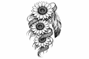 3 cascading Sunflowers with an Indian feather all wrapped in Indian ribbon tattoo idea