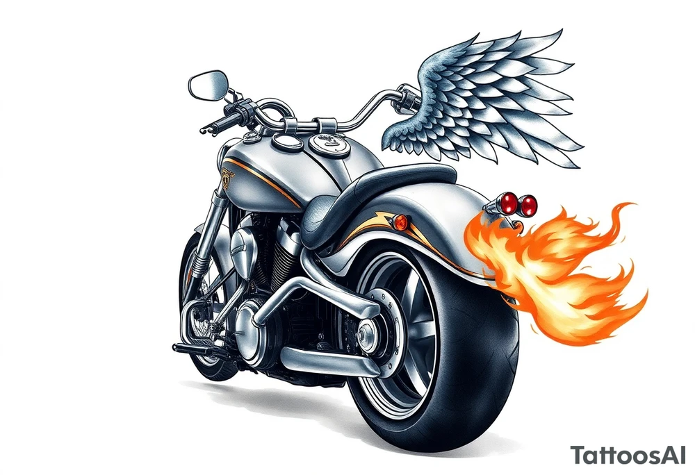 Low rider grey motorcycle, big muffler pipes with flames, angel wings, driving away, no person tattoo idea
