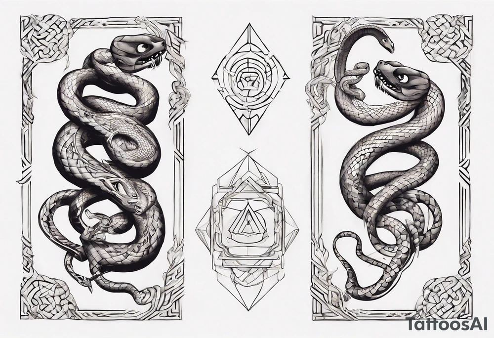 two snakes around a Buddhist amulet that represents strength, protection, and love tattoo idea