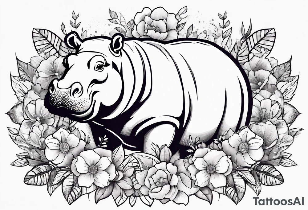 cute hippo with flowers tattoo idea