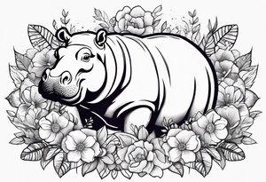 cute hippo with flowers tattoo idea