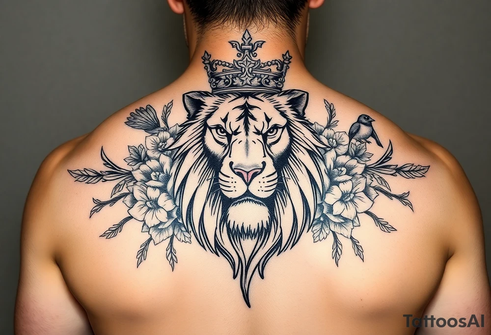 powerful majestic lion with a crown, surrounded by floral ornaments and birds tattoo idea