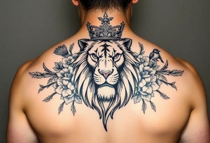 powerful majestic lion with a crown, surrounded by floral ornaments and birds tattoo idea
