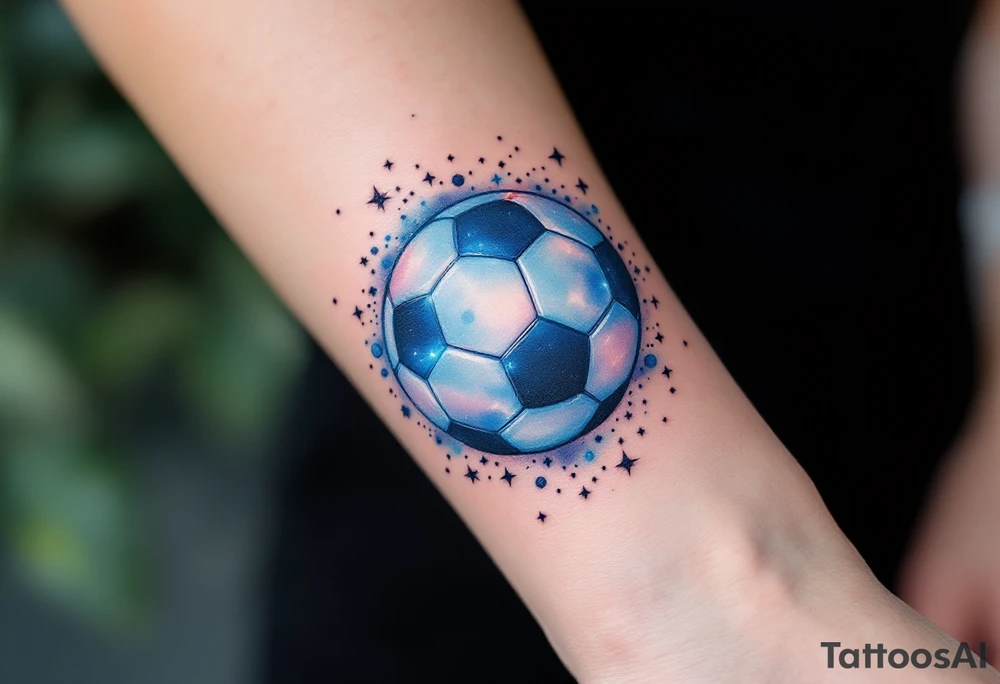 A blue and white galaxy-themed soccer ball orbiting small stars and planets. tattoo idea