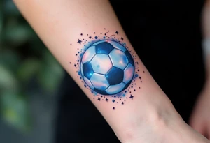 A blue and white galaxy-themed soccer ball orbiting small stars and planets. tattoo idea
