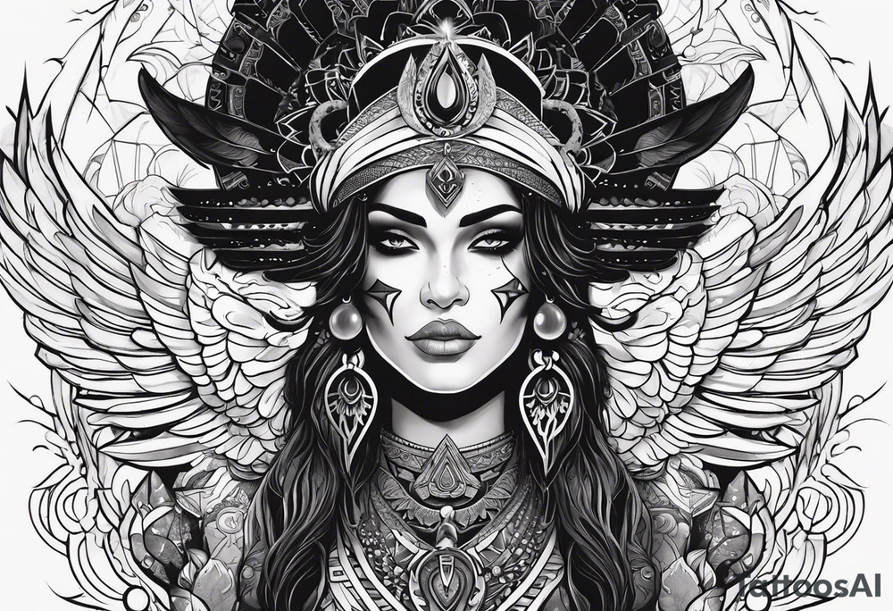 black kali, goddess pirate, alien, pachamama, valkrye, warrior, skull, lotus azul, wing, eagle, zenza resonance, stars, 5D, anahata chakra tattoo idea