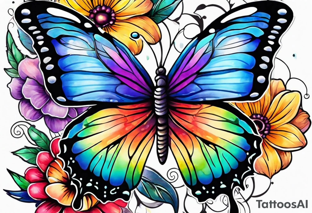 Arm sleeve with rainbow flowers and butterflies tattoo idea