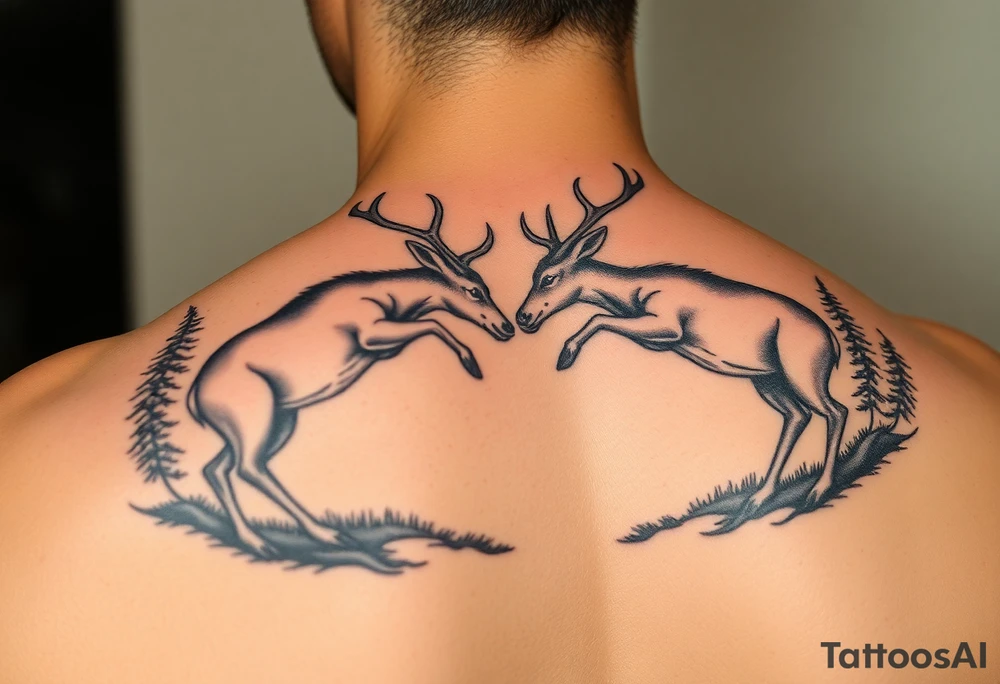 Photo realistic Vertical aligned nature scene with two deer fighting. 

This ai sucks tattoo idea
