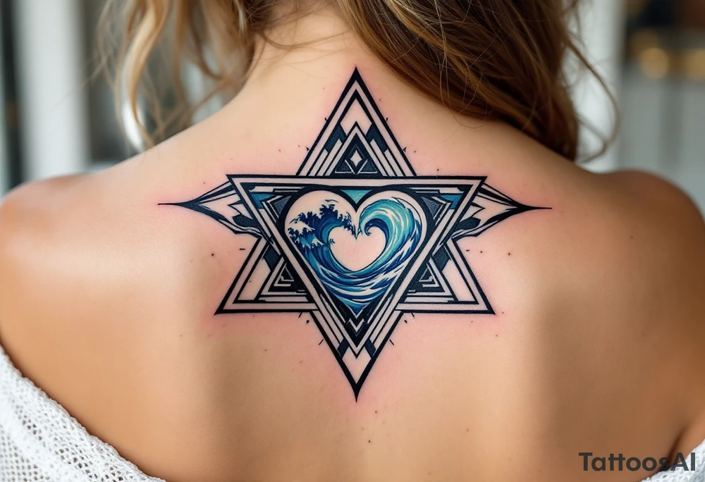 A triangle with a big heart in the center with an ocean theme tattoo idea