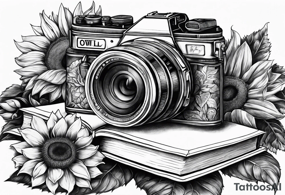 Sunflower, camera, book, owl tattoo idea