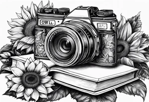 Sunflower, camera, book, owl tattoo idea