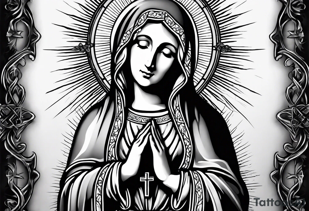 Blessed virgin Mary with praying hands that have a rosary wrapped around and sun beams and church windows behind her. tattoo idea