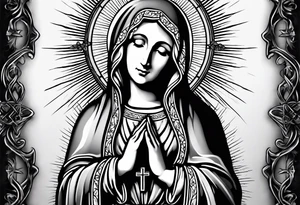 Blessed virgin Mary with praying hands that have a rosary wrapped around and sun beams and church windows behind her. tattoo idea