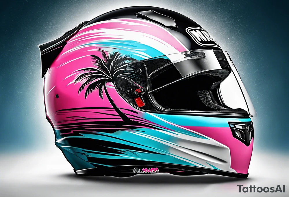 Formula 1 helment with the Miami name a palm tree and light blue black and pink colors 3/4 view tattoo idea