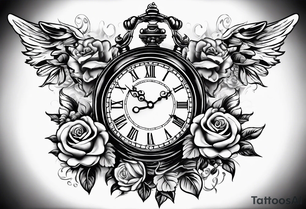 Half sleeve on arm of beautiful old fashion clock with roses, cherubs, angels, and the name chase Peter in a scroll tattoo idea