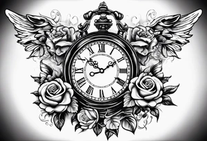 Half sleeve on arm of beautiful old fashion clock with roses, cherubs, angels, and the name chase Peter in a scroll tattoo idea