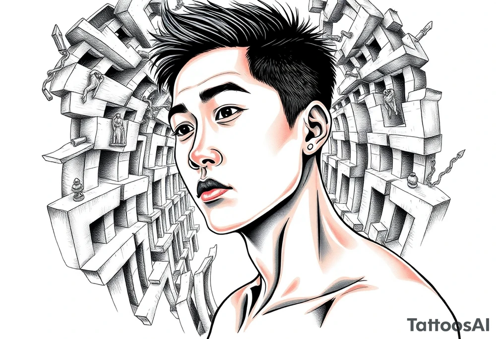 Handsome Asian young guy lost in a nightmarish labyrinth tattoo idea