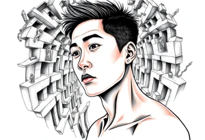 Handsome Asian young guy lost in a nightmarish labyrinth tattoo idea