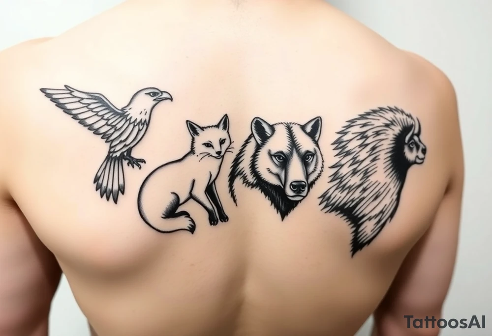 4 animals in a totem order, no space between them. An eagle, a fox, a bear and a bison. Black and white tattoo with fine clear but strong lines. It should show character and toughness. Light shadowing and pen/pencil type of illustration. 
It's for a group of siblings which will have the same tattoo (different order top to bottom) tattoo idea
