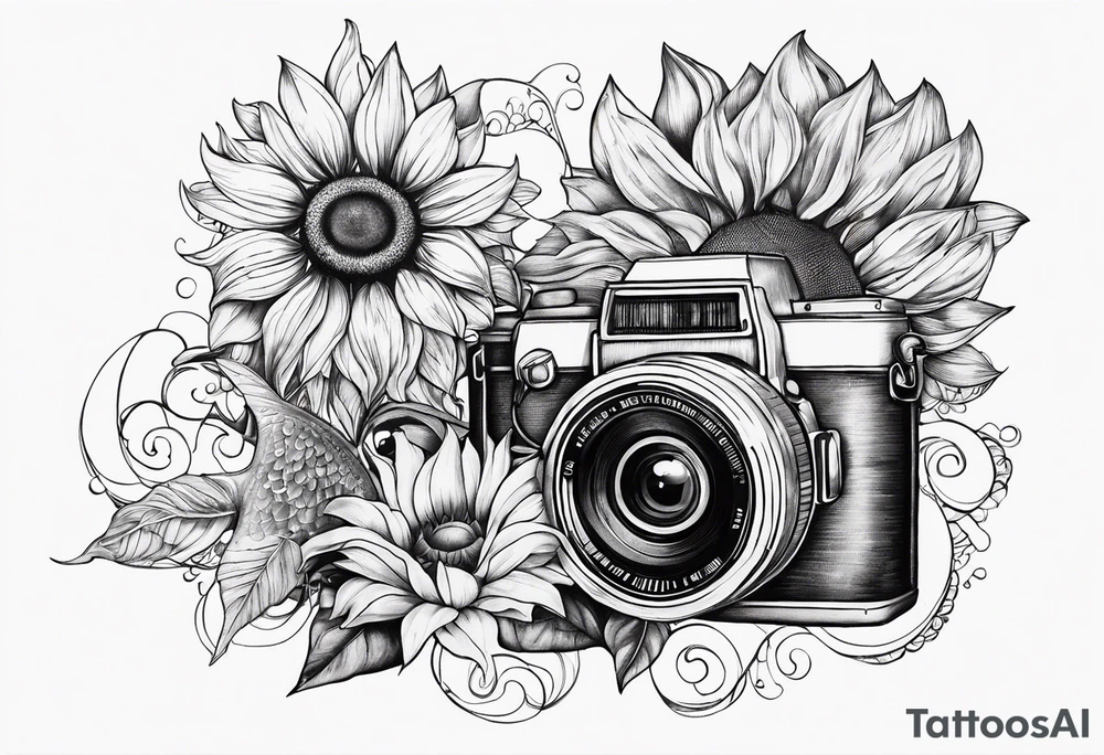 sunflower, book, camera, fish tattoo idea