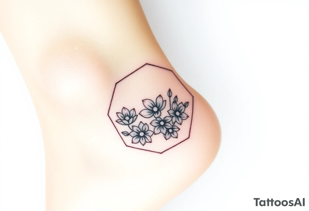 Faint Hexagon with Leo, larkspur and water lilies in the center tattoo idea