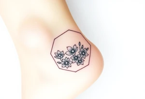 Faint Hexagon with Leo, larkspur and water lilies in the center tattoo idea