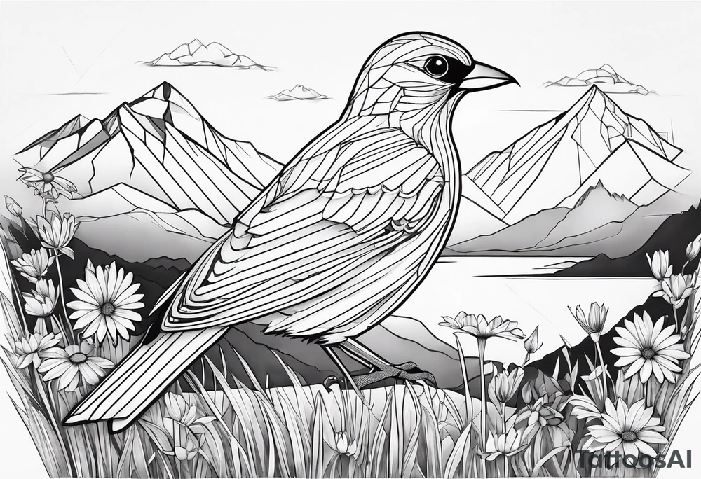 Geometric Black and white bird outline sitting in grass and daisys with mountains in the background tattoo idea