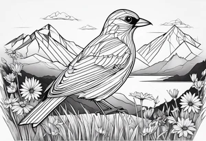 Geometric Black and white bird outline sitting in grass and daisys with mountains in the background tattoo idea