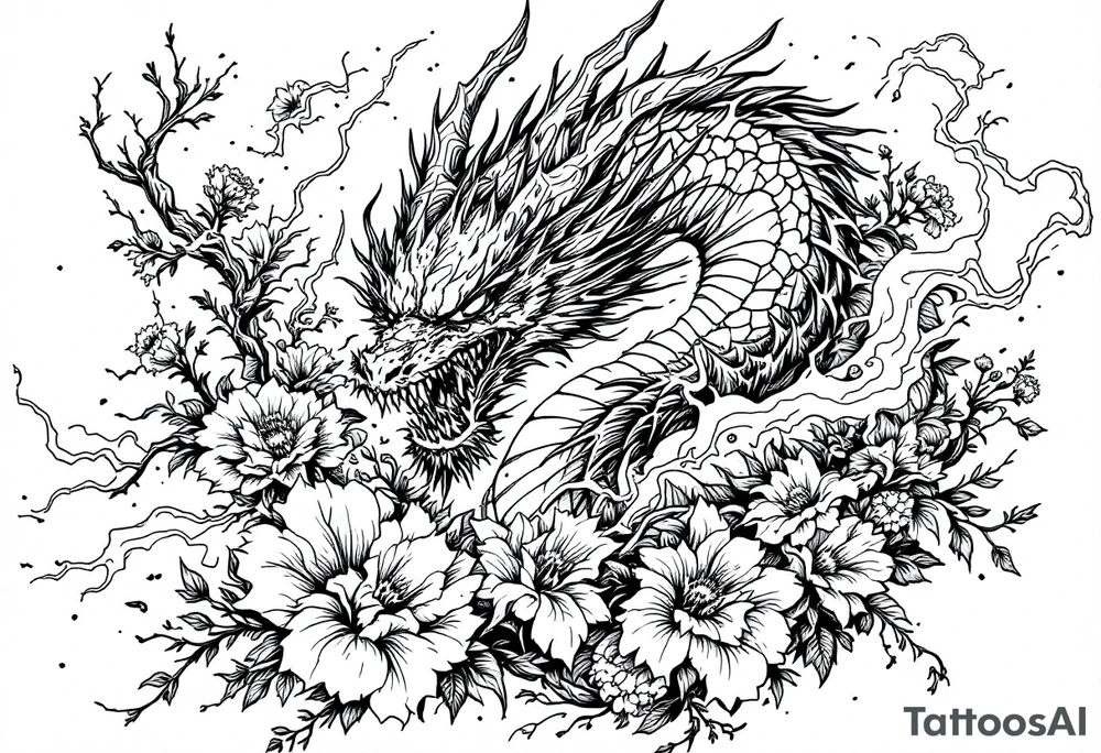 scary dragon with thunders and flowers as a filler tattoo idea