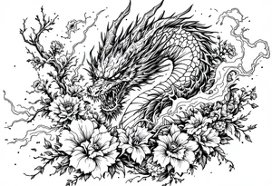 scary dragon with thunders and flowers as a filler tattoo idea