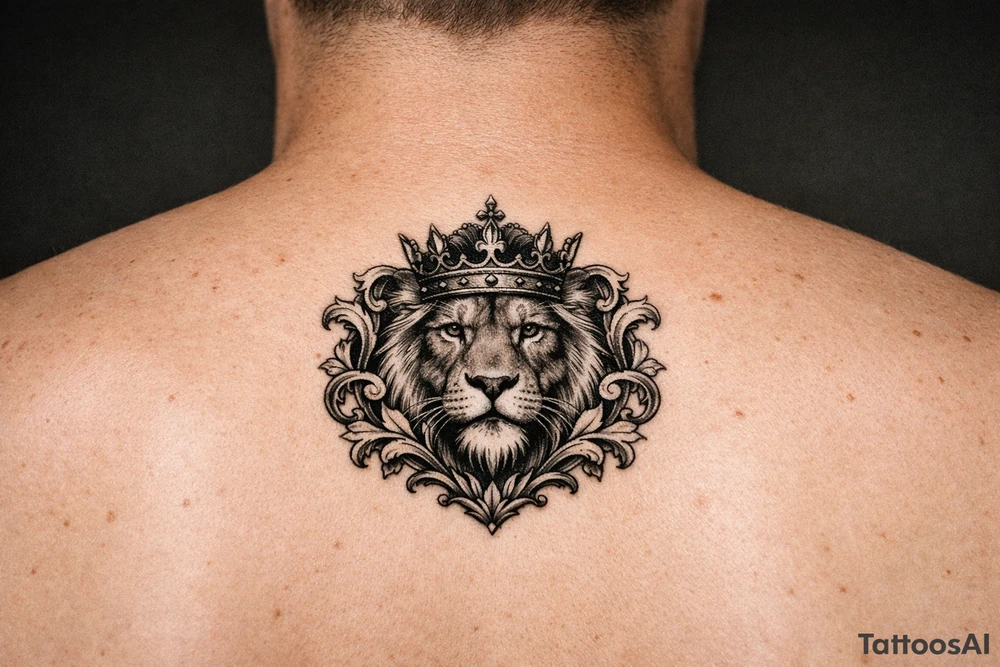 powerful majestic lion with a crown, framed by ornate floral scrollwork tattoo idea
