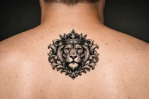 powerful majestic lion with a crown, framed by ornate floral scrollwork tattoo idea