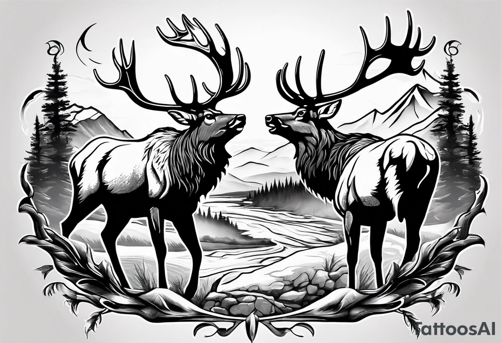 two elk fighting with mountains and stream in background tattoo idea