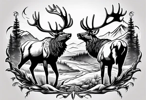 two elk fighting with mountains and stream in background tattoo idea