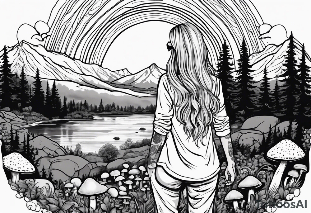 Whole picture encircled fully

Straight long blonde hair hippie girl in distance holding mushrooms in hand facing away toward mountains and creek surrounded by mushrooms long sleeve shirt and hiking pants; whole rendering within a full circle, no cut off circle tattoo idea