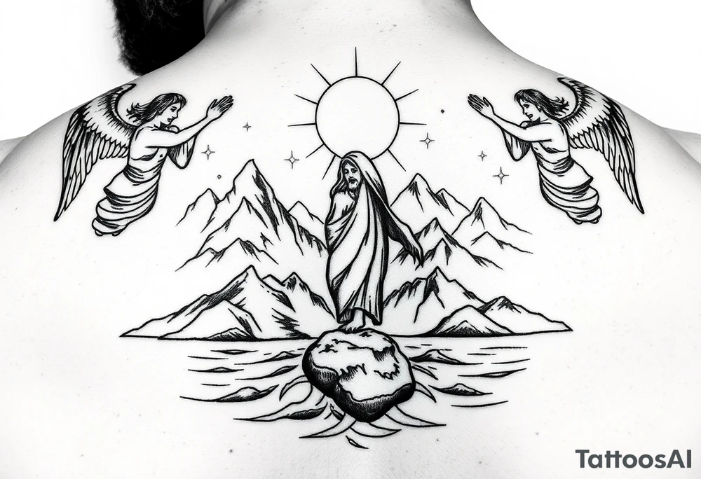 Jesus walking on water with mountains around and two angels looking over him tattoo idea