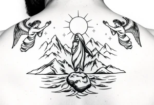 Jesus walking on water with mountains around and two angels looking over him tattoo idea