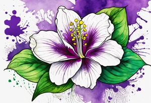 An outline of an only green rio dipladenia flower and a green and purple watercolor splash in the background tattoo idea