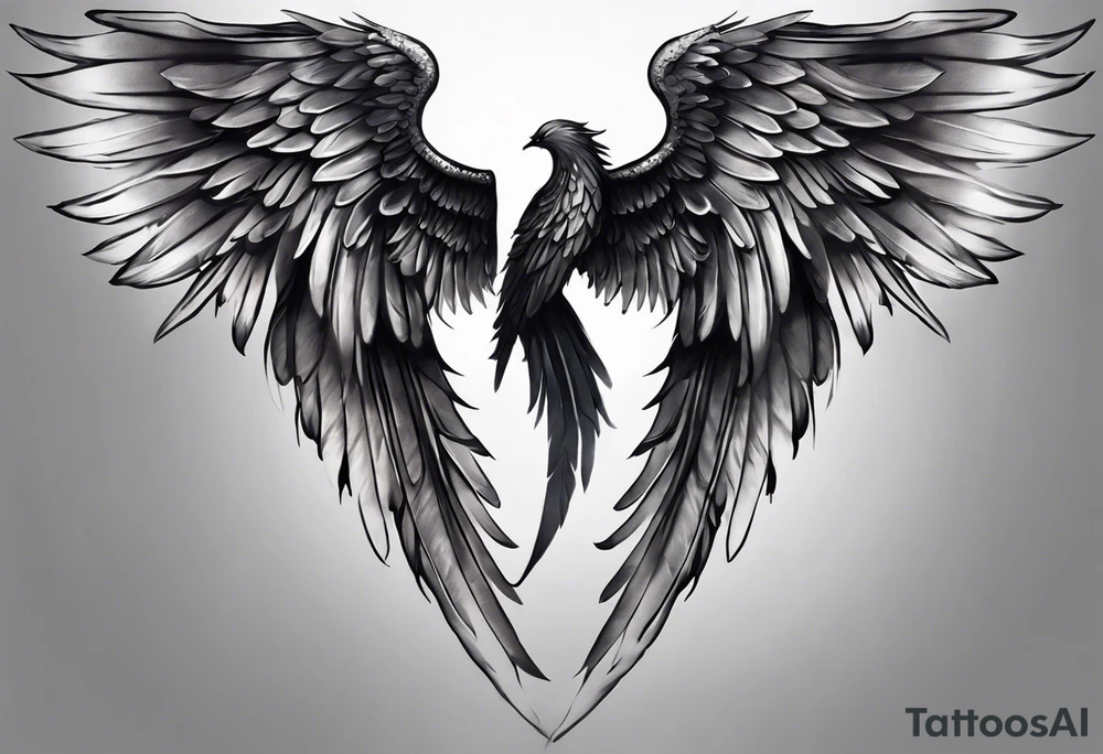 Realistic angel wings extending from the shoulders, covering the upper arms and upper back. The feathers are intricately detailed, with soft shading in black and gray to create depth and texture. The wings gently converge in the middle of the back, forming a harmonious and cohesive design. tattoo idea