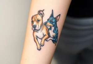 a tan pitbull and a blue heeler dogs playing together tattoo idea