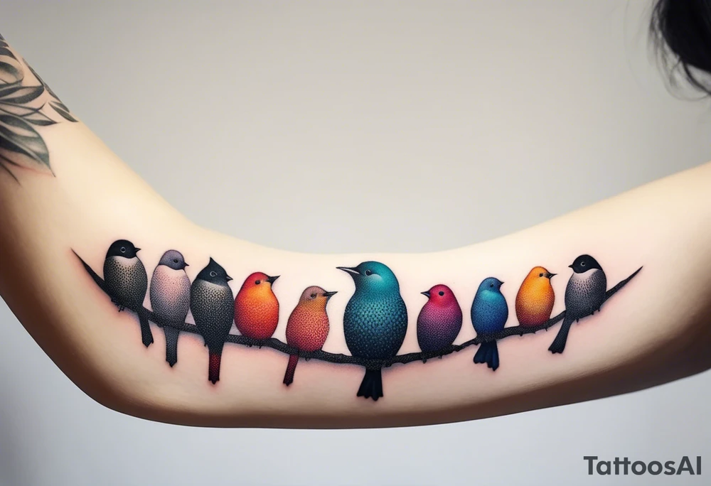 Seven small, colorful birds tattoo idea