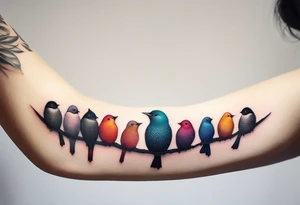 Seven small, colorful birds tattoo idea