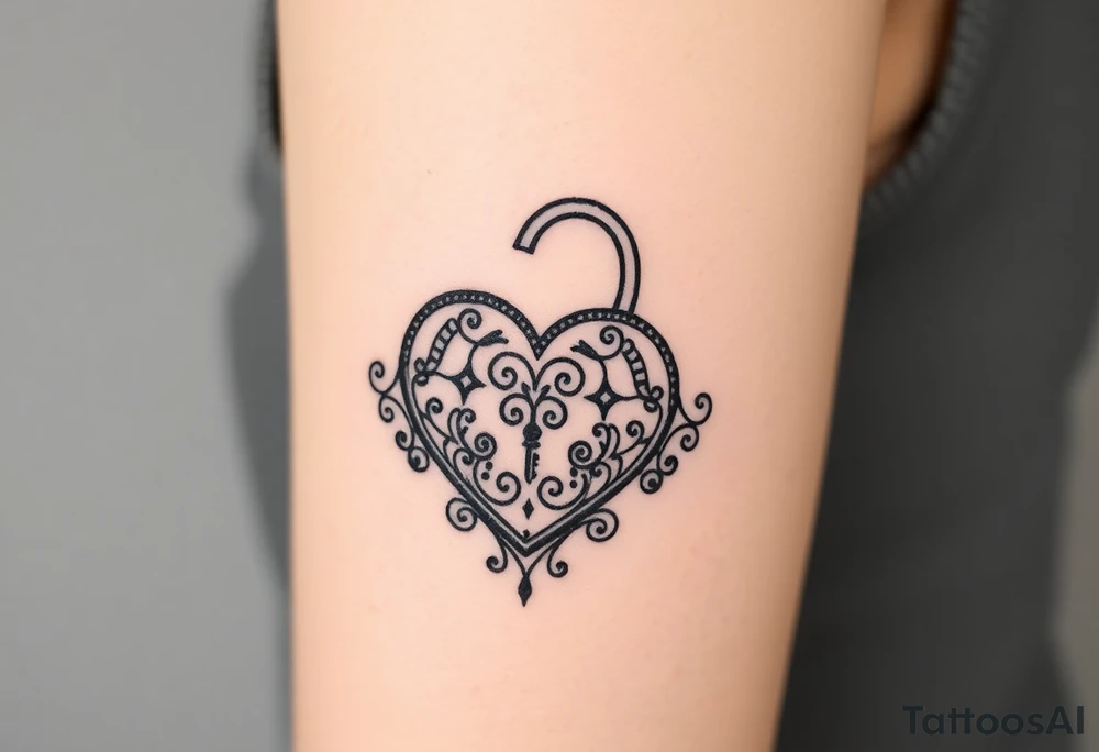 A realistic heart-shaped lock with an ornate key, decorated with filigree patterns, with wedding date 22. 07. 2018. tattoo idea