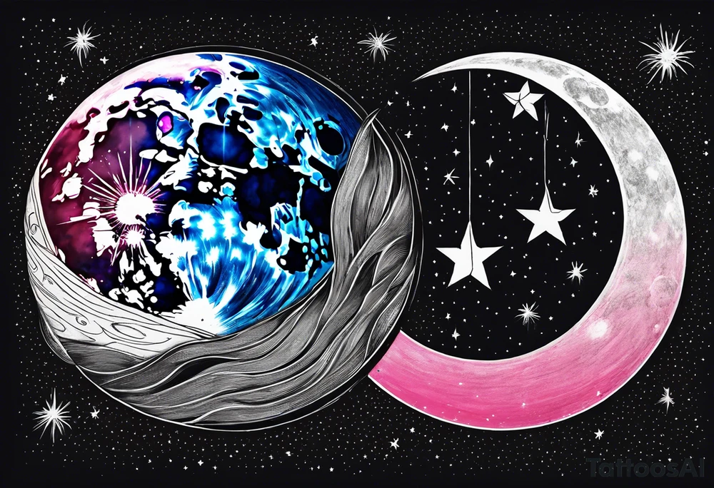 1 Full moon in black and white as main piece , 3 shooting stars going through moon. Two with blue lines in side the star and 1 with pink tattoo idea