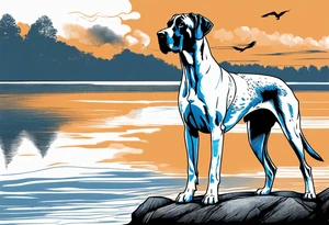 Arm sleeve for man with Great Dane (Full Tuxedo Color and floppy ears) standing proudly chest up on a rock in front of a body of water tattoo idea