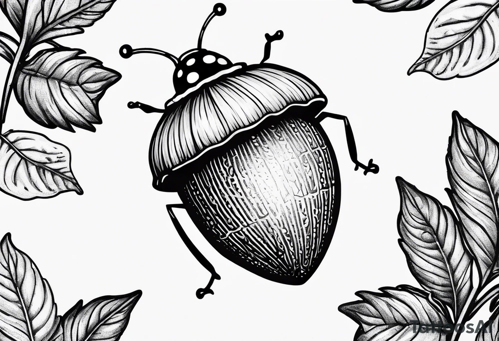 Acorn with open cap and ladybug tattoo idea